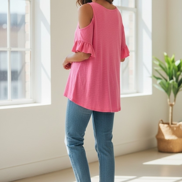 Chic Pink Ruffle Sleeve Cold Shoulder Top - Picture 2 of 5